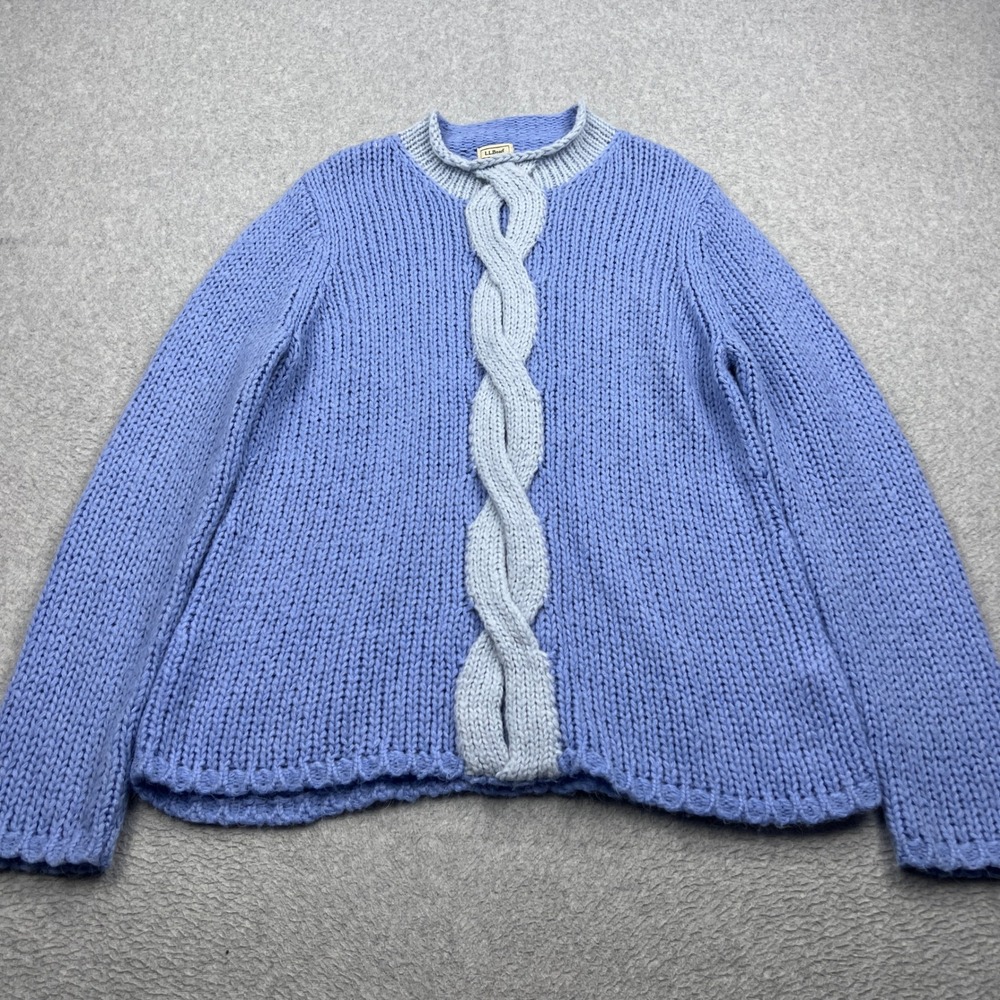 LL‎ Bean Mohair Sweater Womens XL Blue Wool Chunky Cable Knit Rollneck Pullover